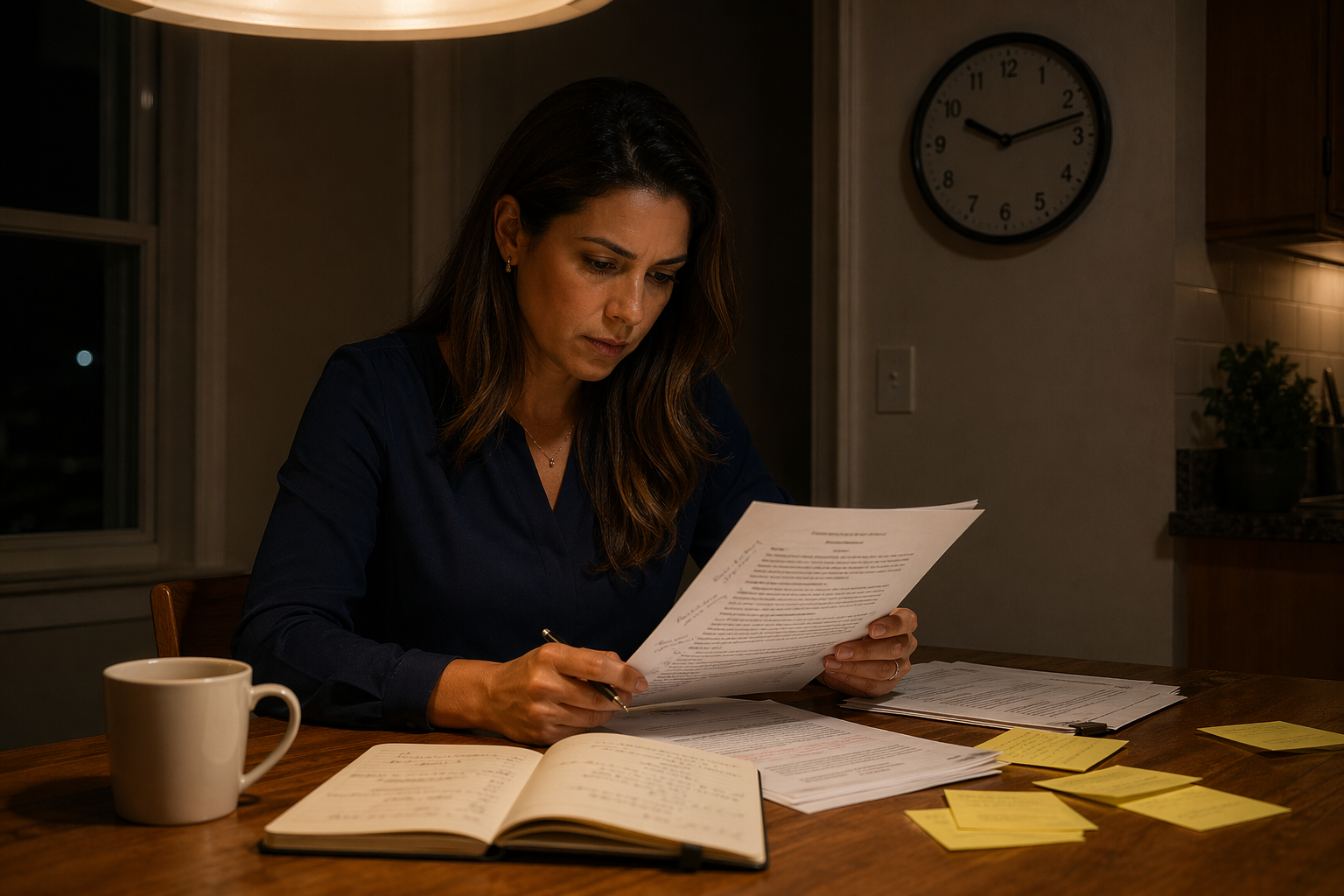 Advogada estudando o livro na véspera da audiência